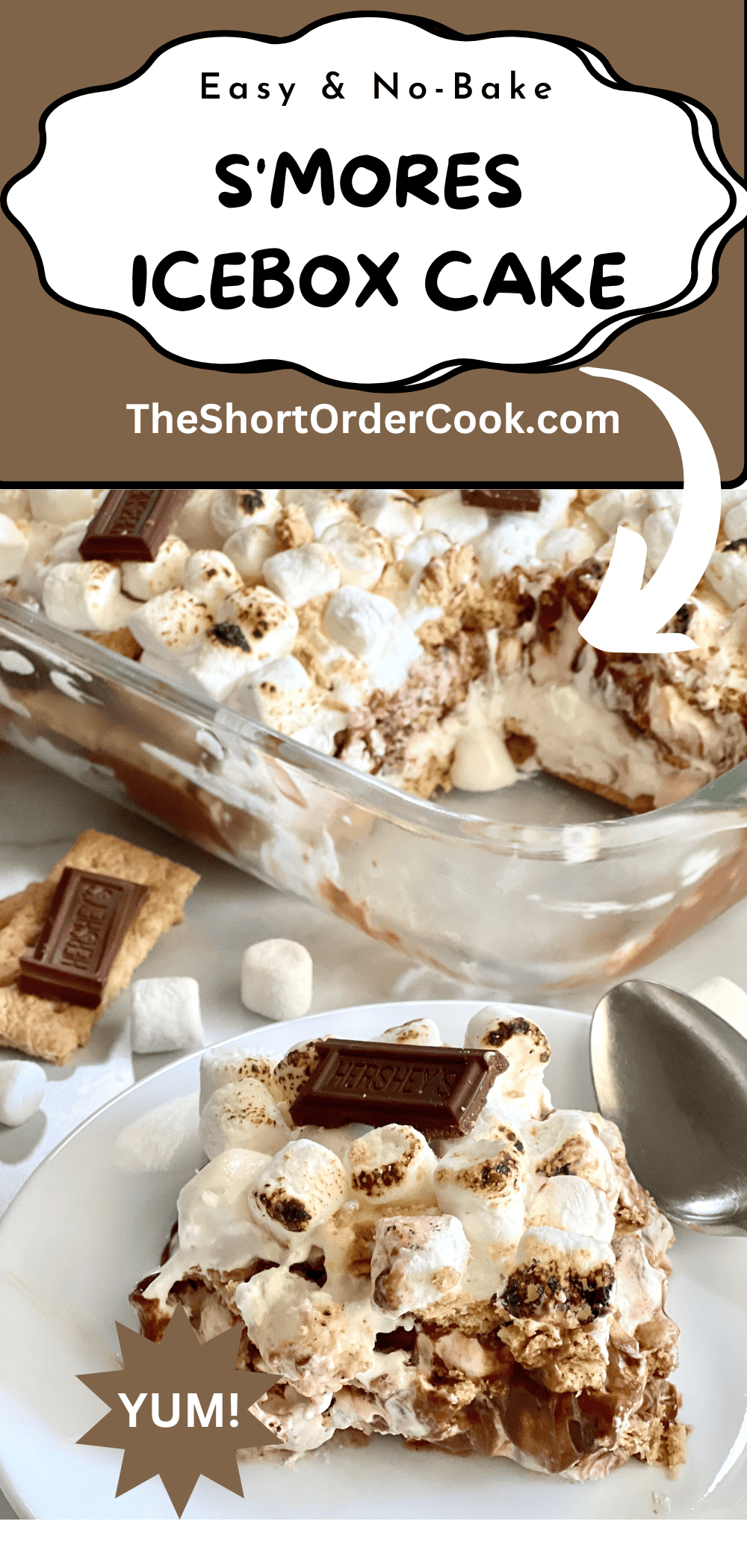 S'mores Icebox Cake pan with a slice on a plate.