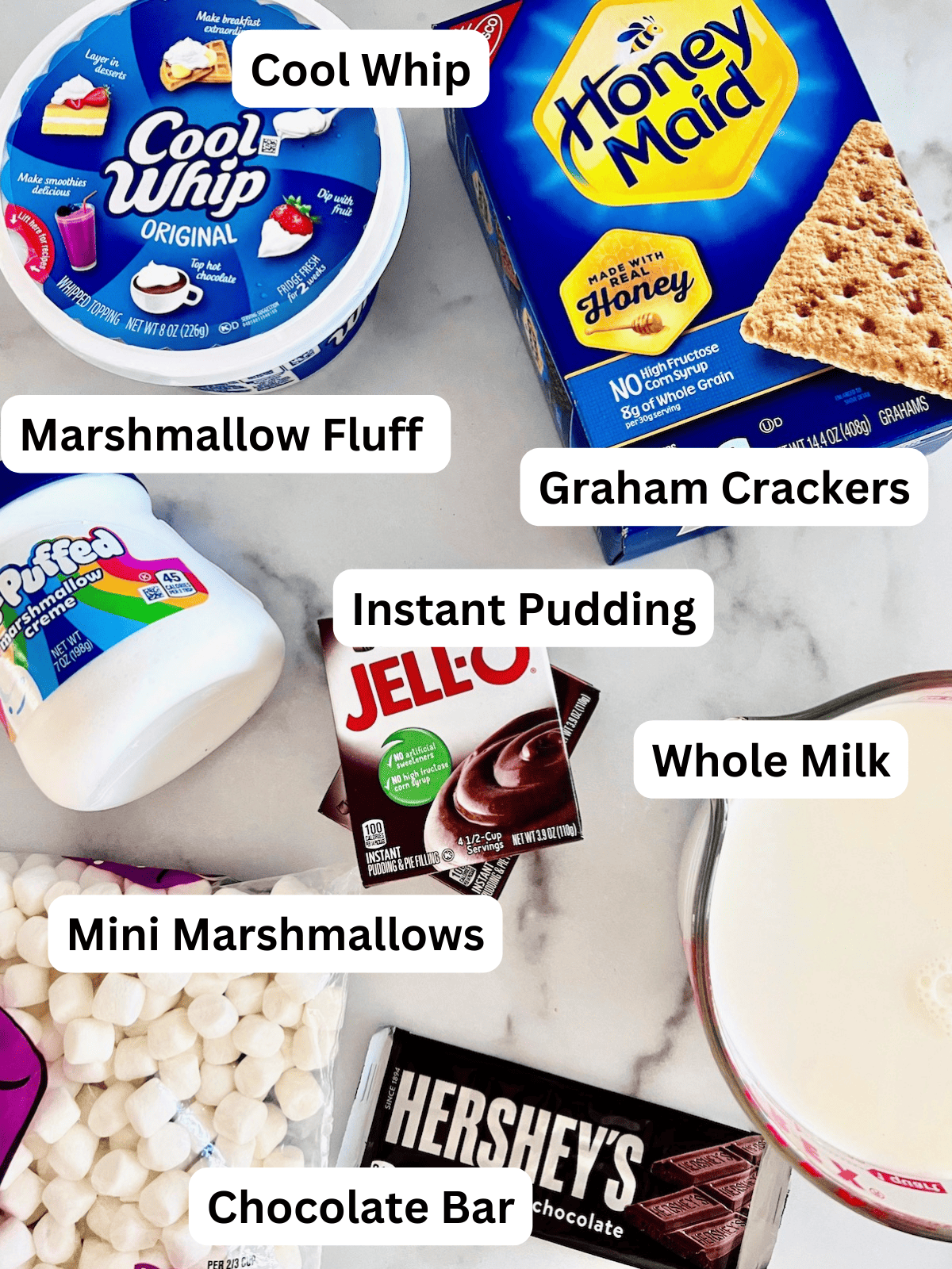 Labeled ingredients to make icebox cake tasting like smores.