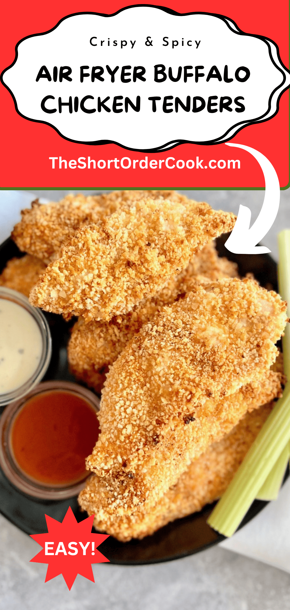 Crispy buffalo chicken tenders homemade & cooked in the air fryer on a plate. 