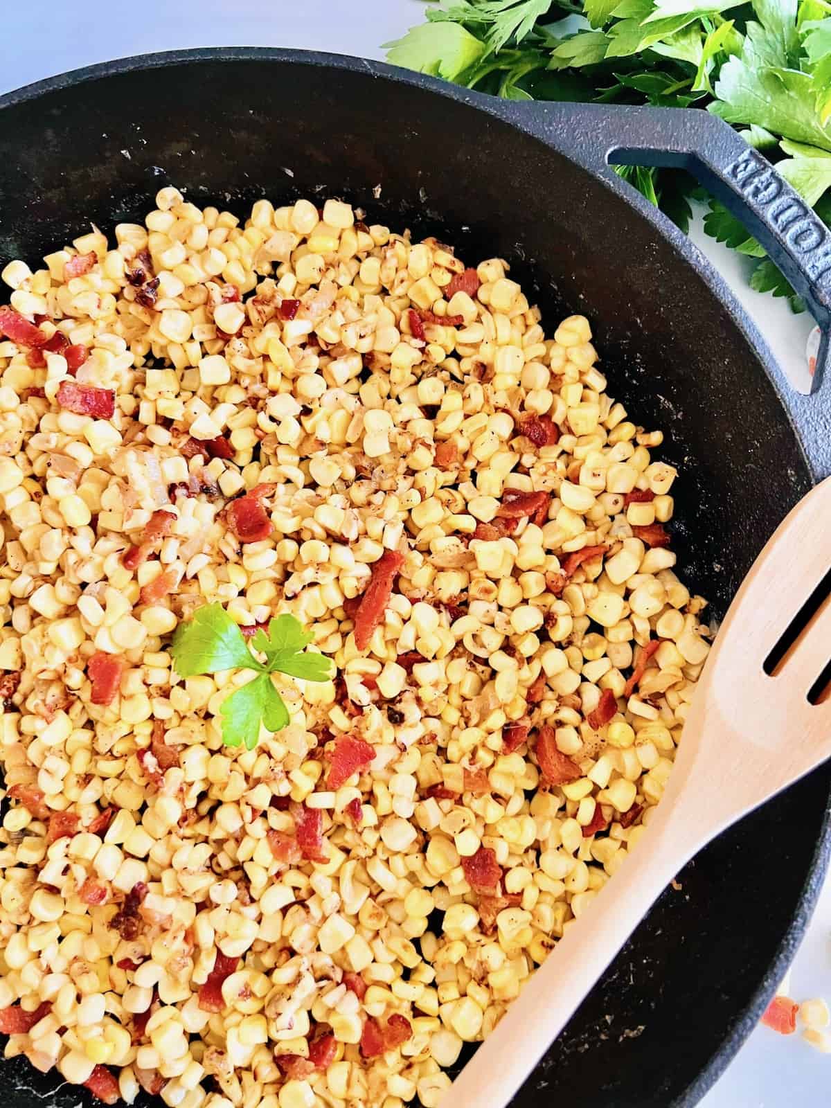 Bacon Fried Corn Cast Iron skillet for traditional Southern homemade recipe.