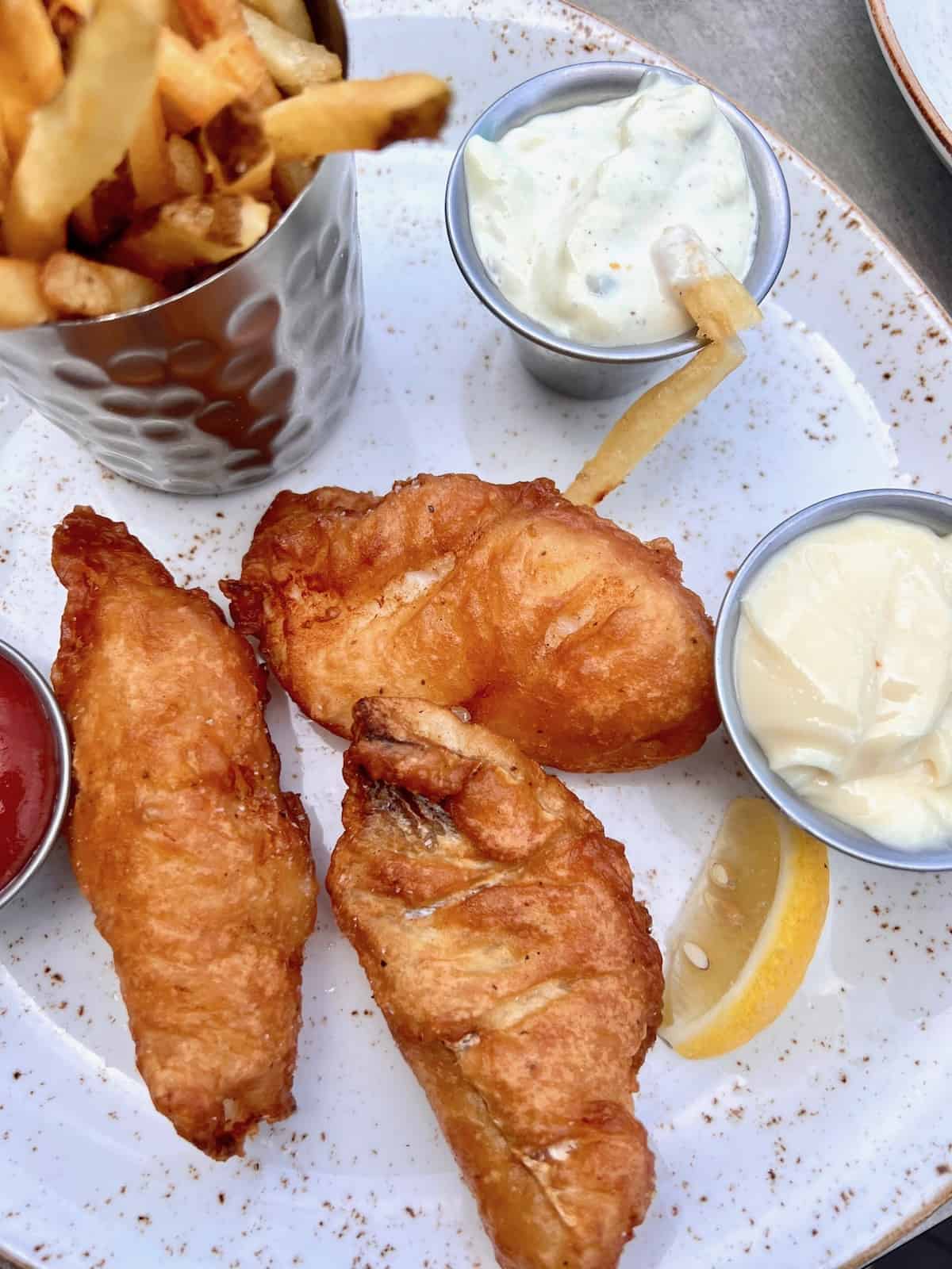 A plate of fish & chips served at a family friendly restaurant on San Juan Island, Washington. 