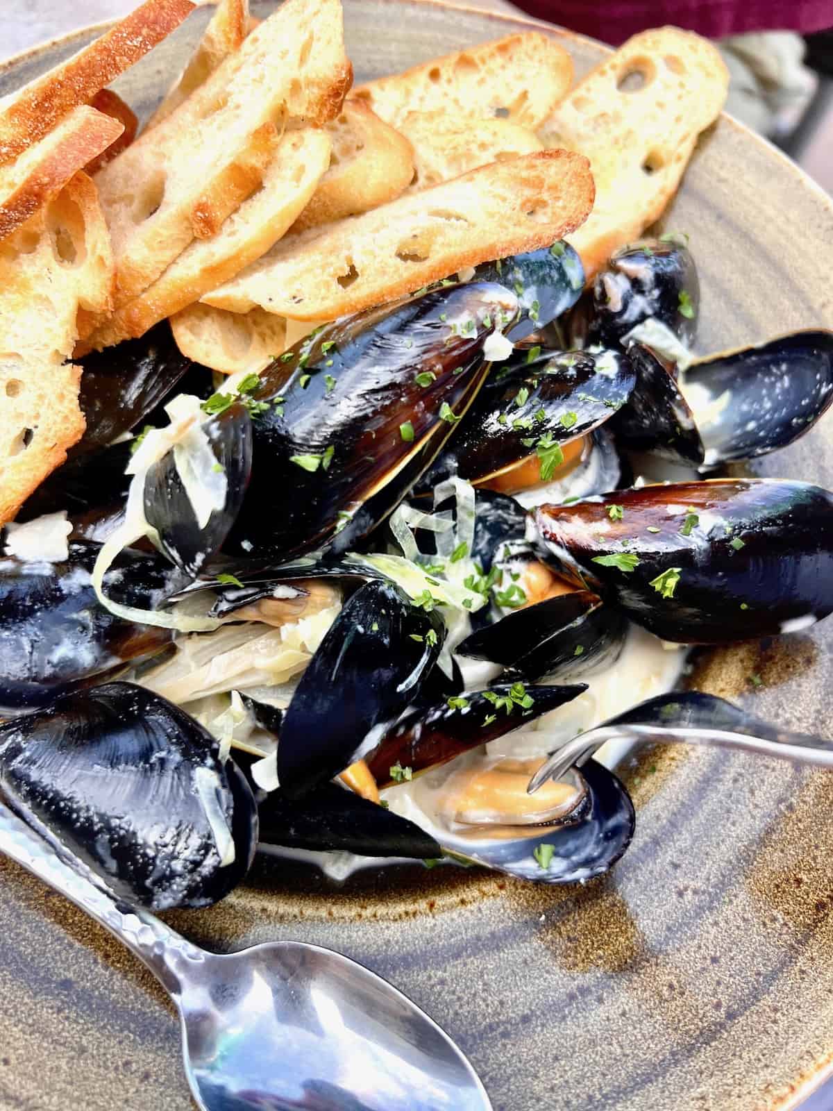 Mussels & crostini in a bowl served at a fine restaurant on San Juan Island.