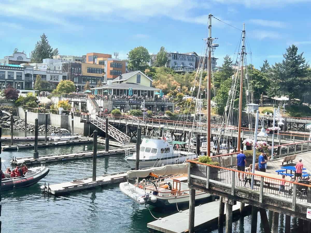 View of San Juan Island harbor and town of Friday Harbor with shops and restaurants.