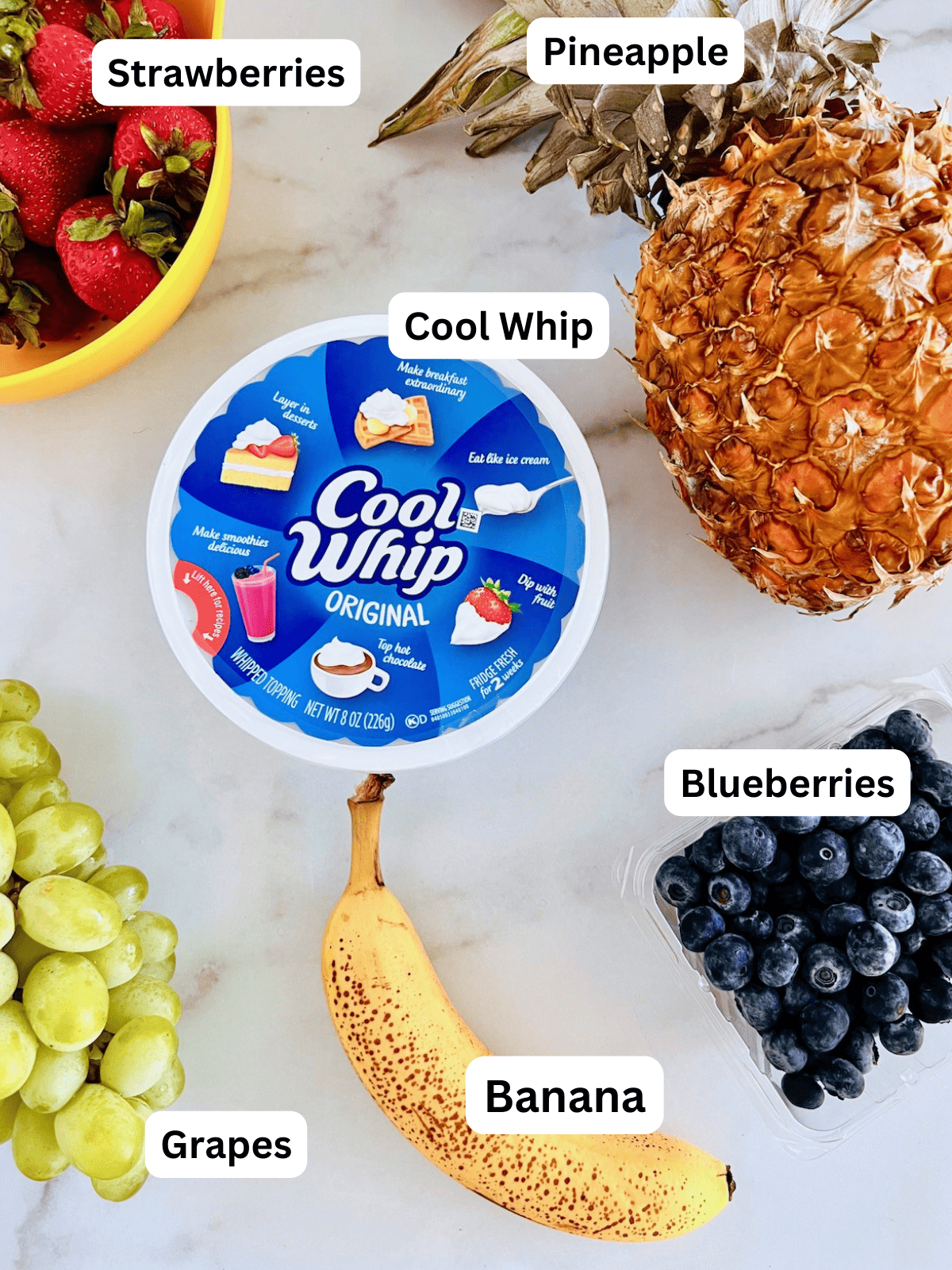 Fruit Salad with Cool Whip Ingredients Labeled.