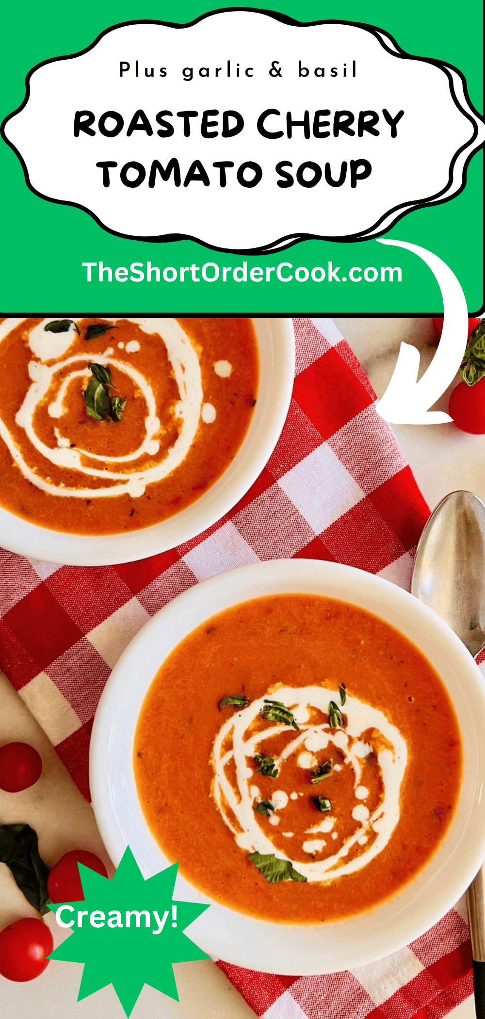 Roasted Cherry Tomato Soup in bowls with fresh basil & cream on top.