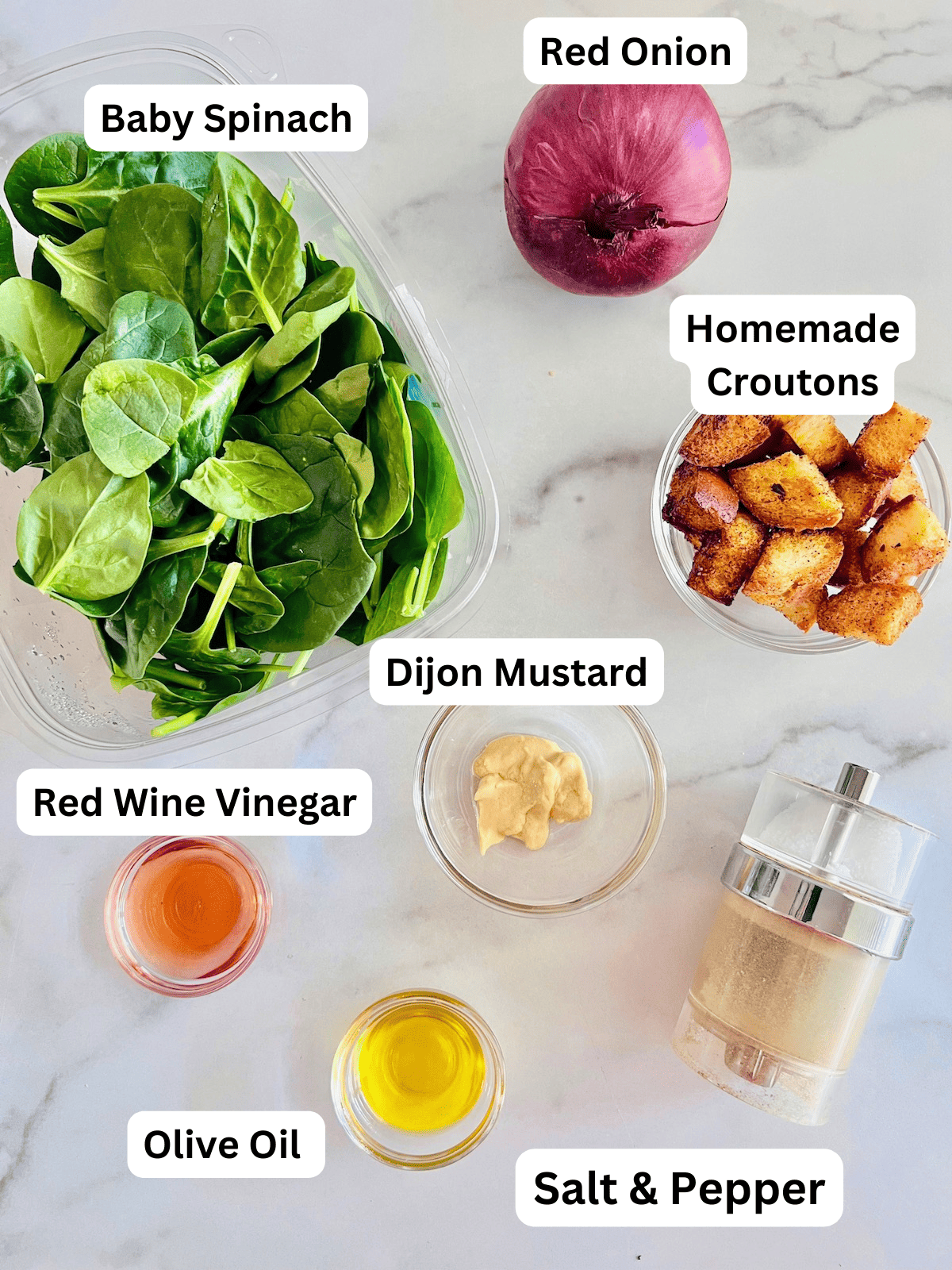 Simple Spinach Salad Ingredients labeled