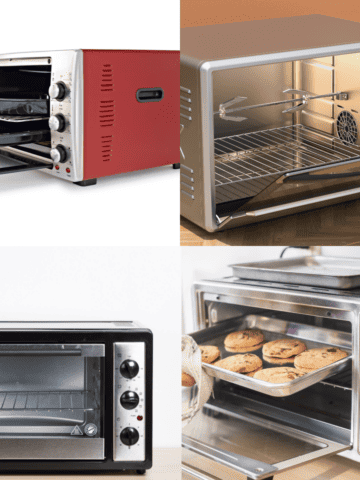4 different models of small ovens places on kitchen counters.