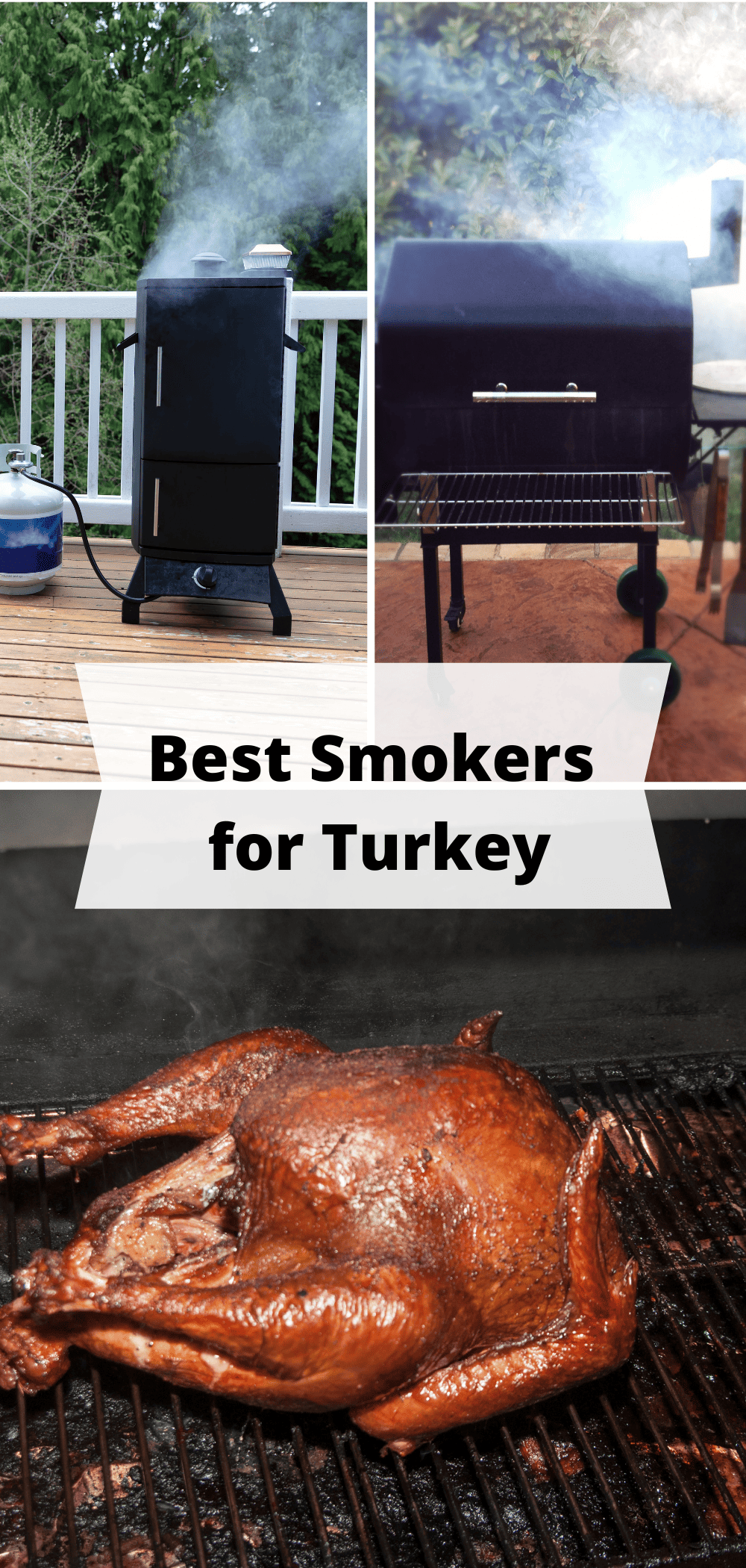 Two different types of charcoal and pellet smokers plus a smoked turkey ready on the grate.