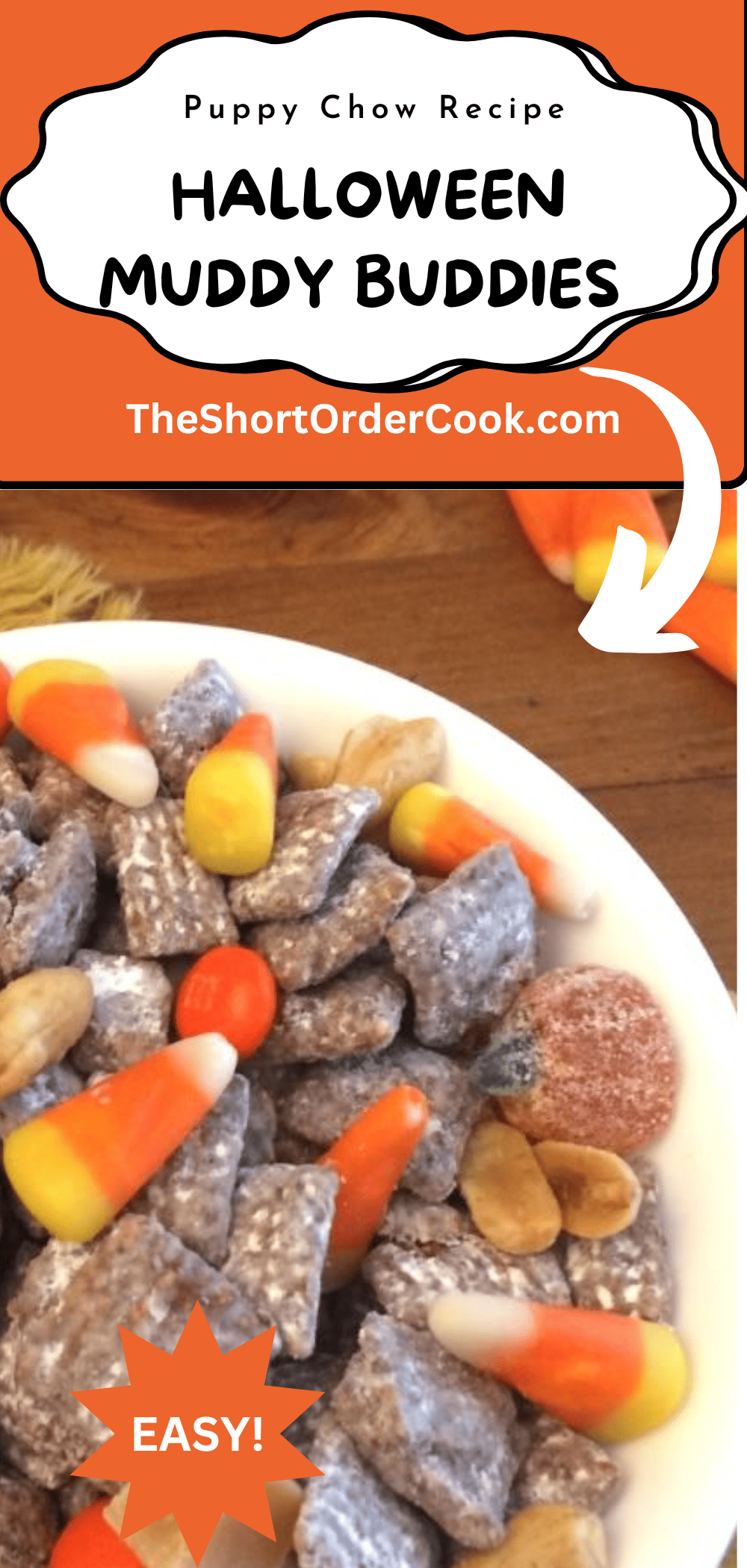 Bowl of chocolate muddy buddies with candy corn, caramels, gummy pumpkins, and peanuts for a Halloween sweet snack mix. 