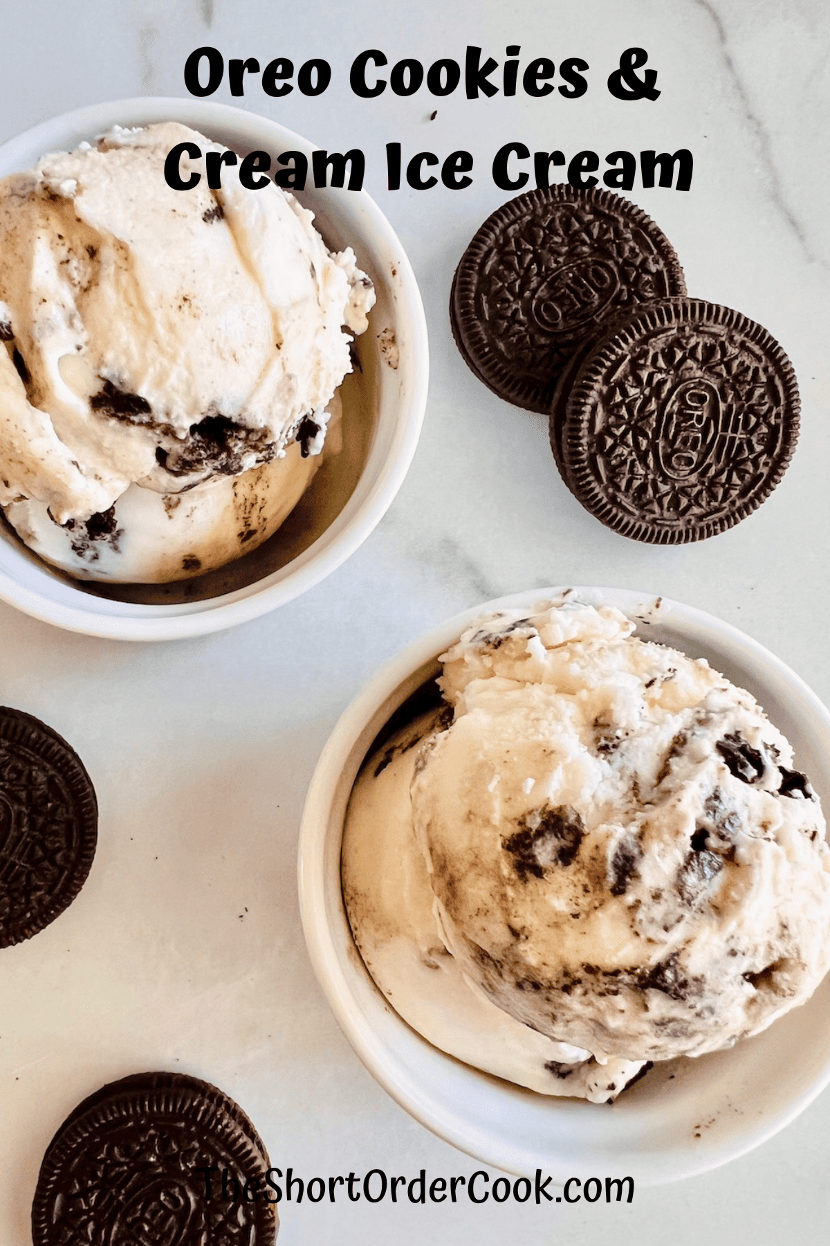 Oreo Cookies & Cream Ice Cream double scooped in bowls.