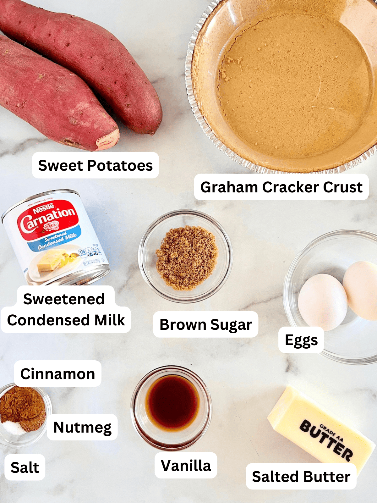 Ingredients for Sweet potato pie made in a graham crust.