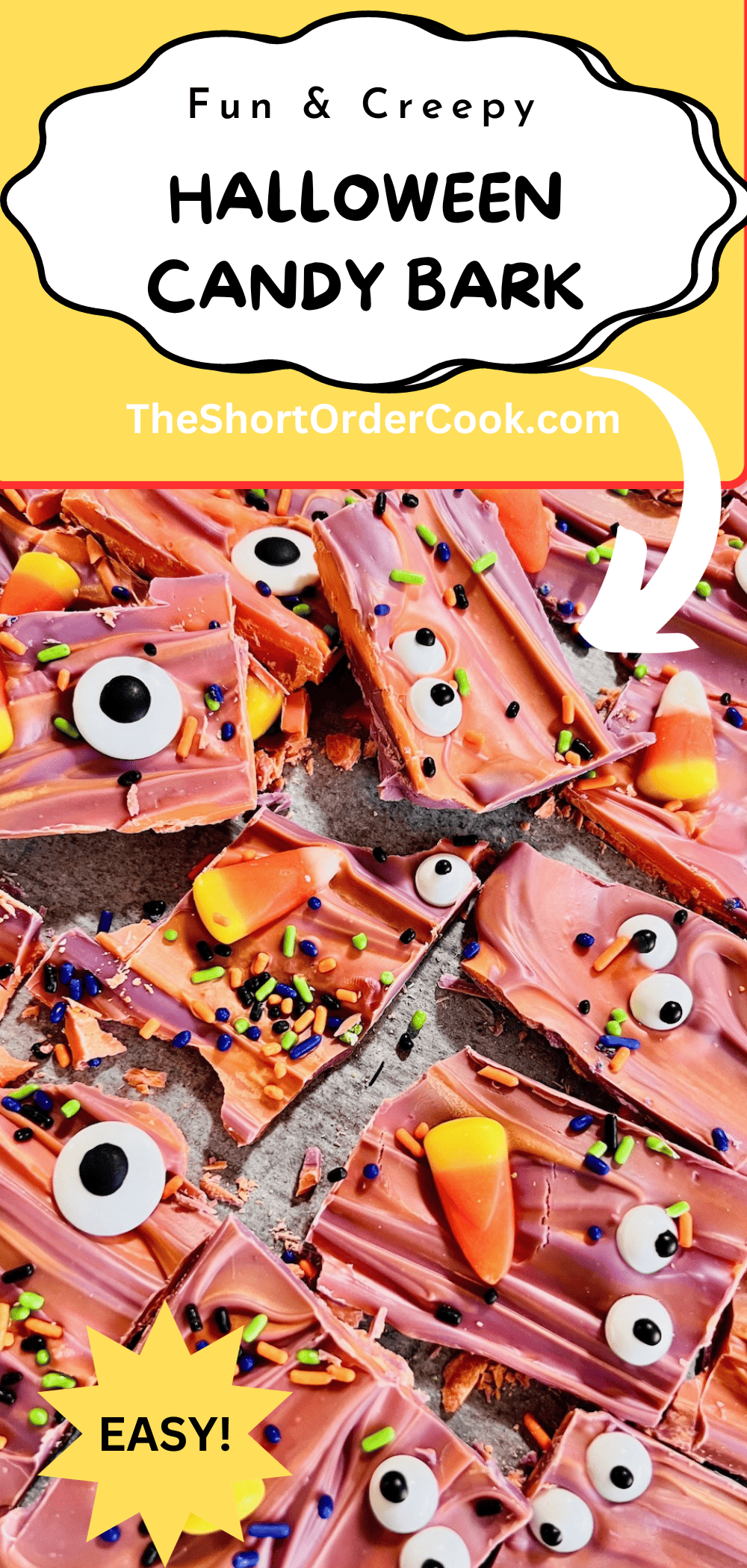 Stacked pieces of broken candy bark topped with Halloween candy eyes sprinkles and candy corn.