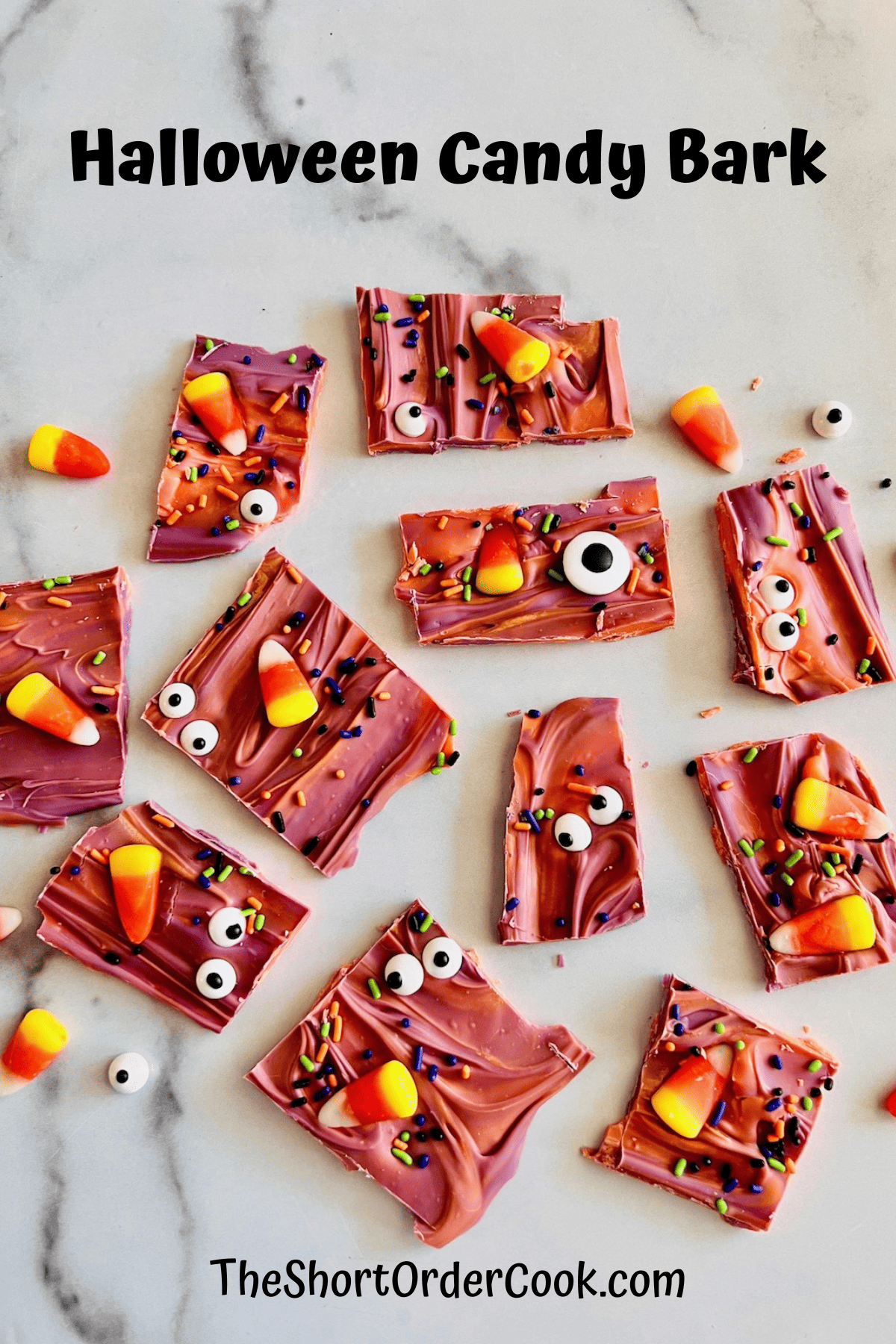 Halloween Candy Bark broken into pieces.