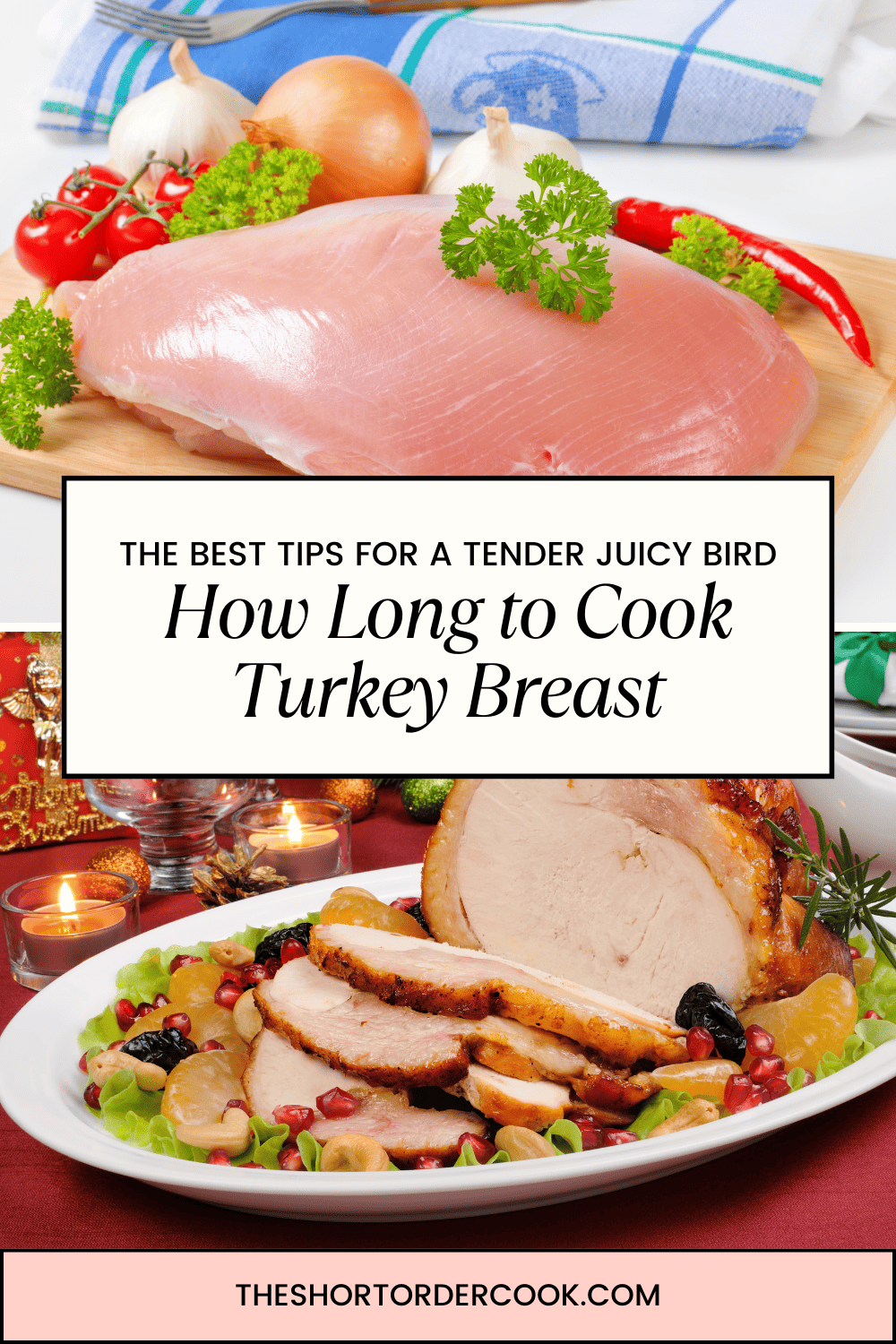 How long to Cook Turkey Breast Two Photos of both a raw and a cooked turkey white meat.