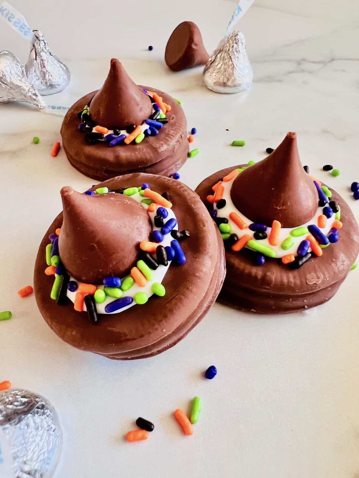 Fudge dipped oreos used to make witch hat cookies.