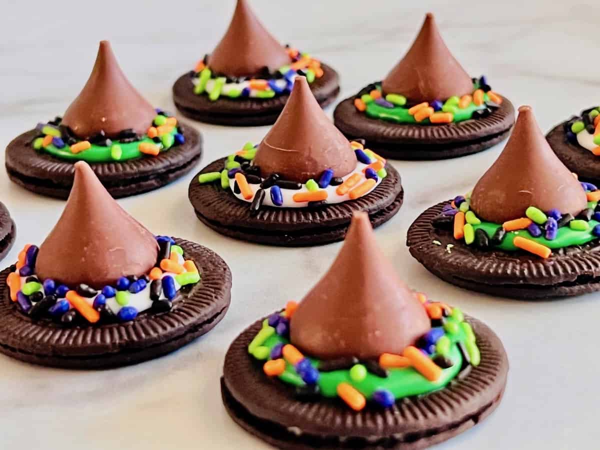 Witch Hat Cookies lined up ready to eat.