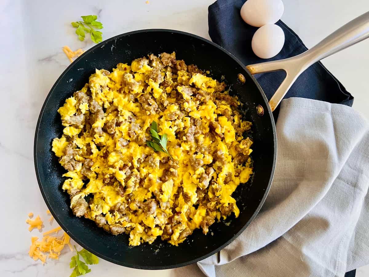 Breakfast Sausage, Egg, & Cheese Scramble in a large skillet.