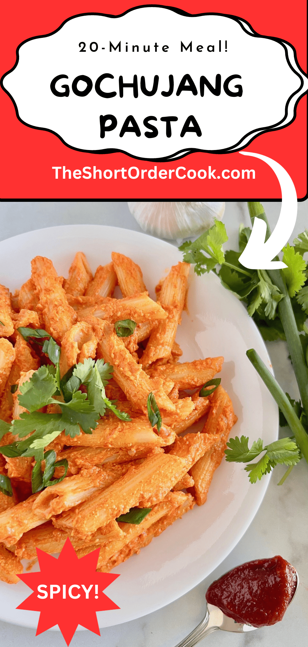 Gochujang Pasta piled on a plate ready to eat.