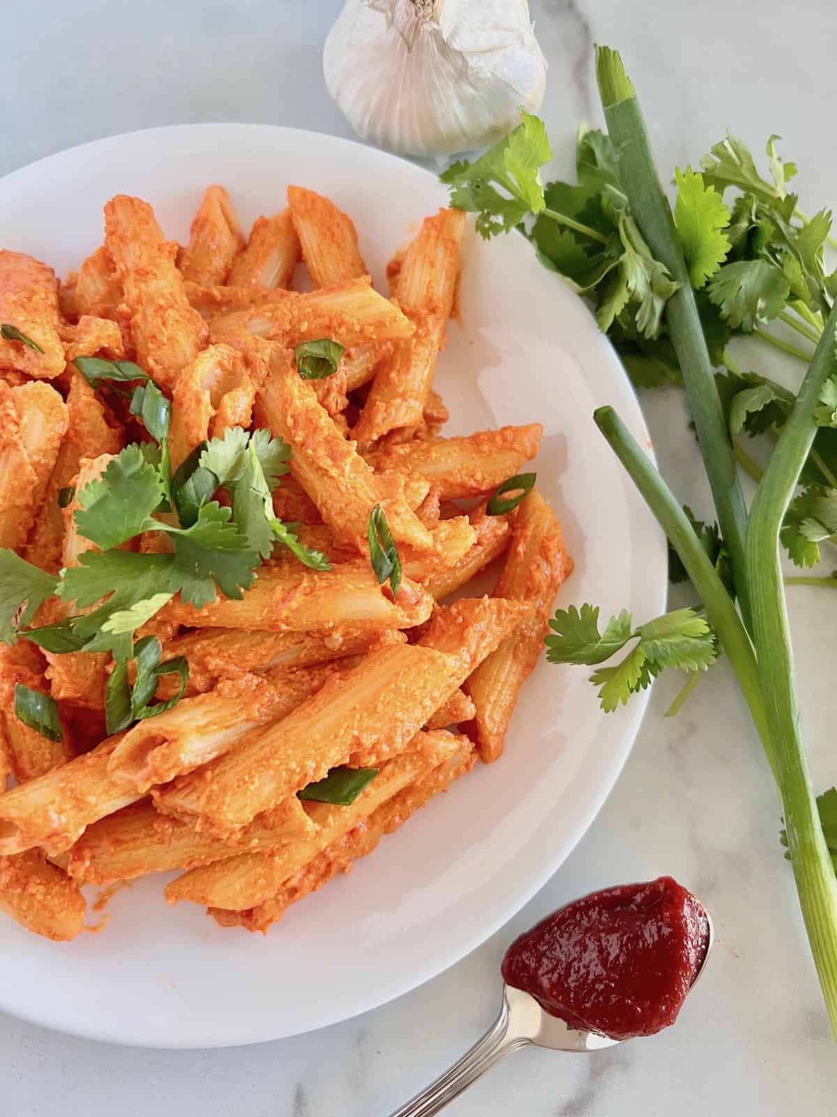 Gochujang Pasta Plated with cilantro and green onions on top and to the side next to a spoon full of gochujang paste.