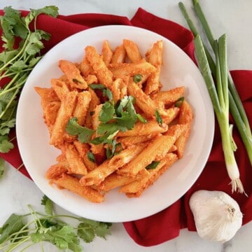 Plate piled with penne pasta with gochujang sauce, parmesan, cilantro, and minced green onions.