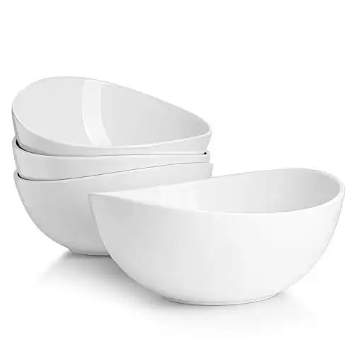 Sweese 8 Inch Porcelain 42 oz Serving Bowls Set of 4, for Salad | Soup | Snacks | Pasta - Microwave, Dishwasher, and Oven Safe - White