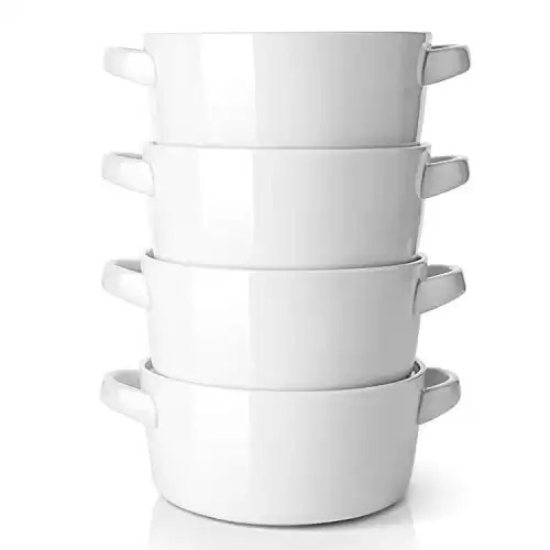 DOWAN Soup Bowls with Handles, 24 ounces Ceramic Cereal Bowl Set for kitchen, White French Onion Soup Crocks, Microwave Oven Safe, Stackable Soup Mug for Soup, Cereal, Stew, Chilli Set of 4