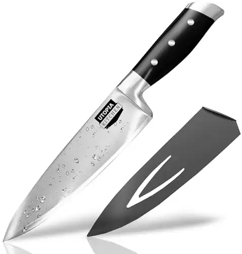 Utopia Kitchen 8 inch Chef Kitchen Knife Cooking Knife Carbon Stainless Steel Kitchen Knife with Sheath and Ergonomic Handle - Chopping Knife for Professional Use (Black)