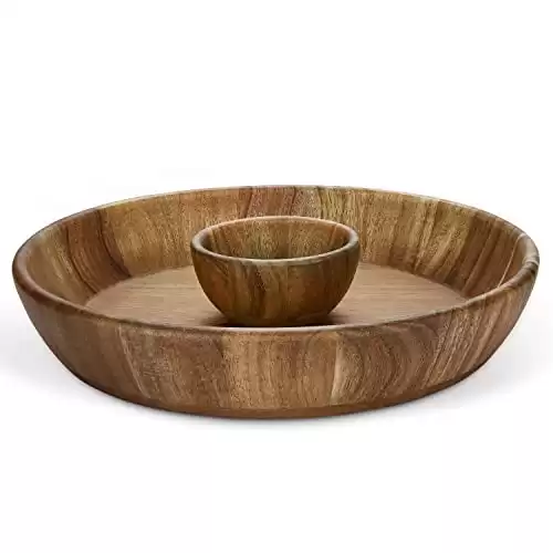 Miusco 12 Inch Chip and Dip Serving Set, Premium Acacia Wood Plate with Sauce Bowl, Appetizer & Snack Serving Platter, Great for Buffalo Wings & Cocktail Shrimp, Upgraded (was 10 inch)