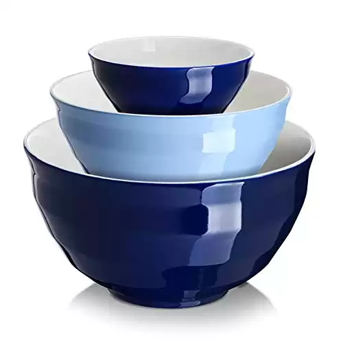 DOWAN Mixing bowls, 4.25/2/0.5 Qt Ceramic Mixing Bowls for Kitchen, Large Salad Serving Bowls, Nesting Mixing Bowls Set, Microwave Safe, Blue