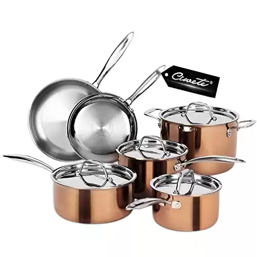 Ciwete Whole Tri-ply 18/10 Stainless Steel Pot and Pan Set (10 Piece), Copper Pots and Pans Set with Stainless Steel Lid, Induction Cookware Set, Include Stock Pot, Saucepan, Frying Pan - Copper