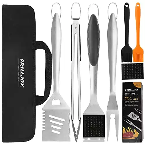 grilljoy 8PCS Heavy Duty BBQ Grill Tools Set with Extra Thick Stainless Steel Spatula, Fork, Tongs & Cleaning Brush - Complete Barbecue Accessories Kit with Portable Bag - Perfect Grill Gifts for ...