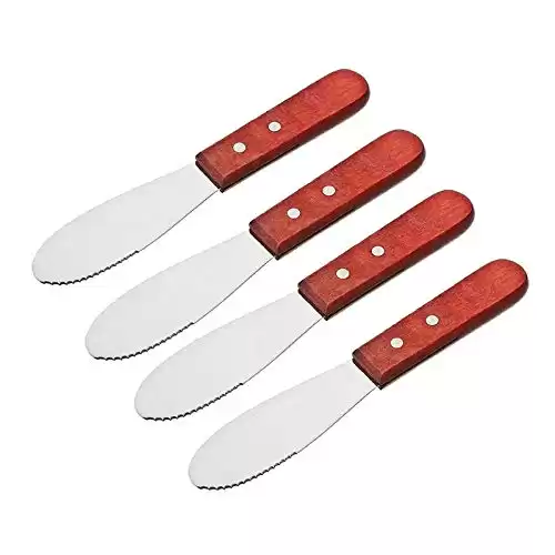 Wall2Wall Stainless Steel Straight Edge Wide Butter Spreader Deluxe Sandwich Cream Cheese Condiment Knives Set Kitchen Tools, Wood Handle, 8” (4)