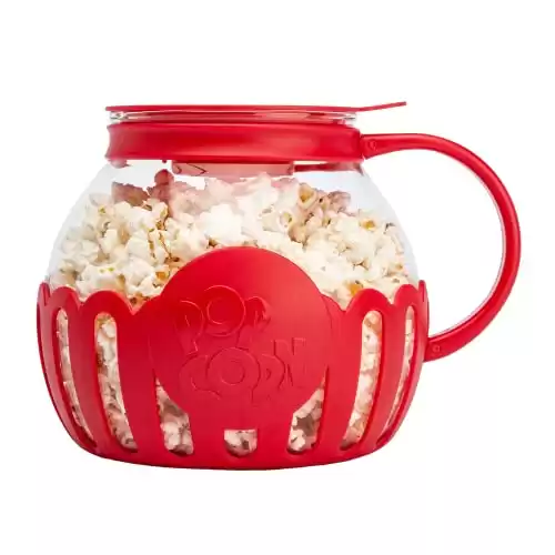 Ecolution Patented Micro-Pop Microwave Popcorn Popper with Temperature Safe Glass, 3-in-1 Lid Measures Kernels and Melts Butter, Made Without BPA, Dishwasher Safe, 3-Quart, Red