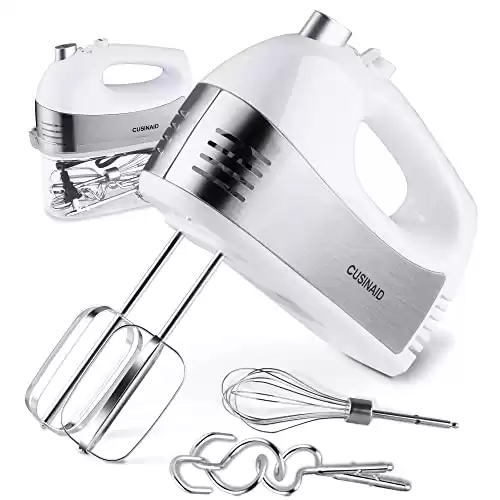 Hand Mixer Electric, Cusinaid 5-Speed Hand Mixer with Turbo Handheld Kitchen Mixer Includes Beaters, Dough Hooks and Storage Case, White