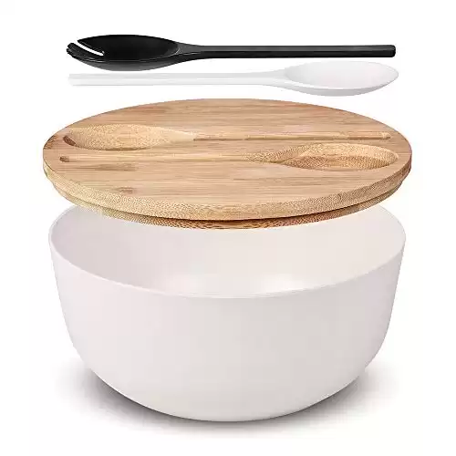 ECOHAGOU 10” Bamboo Fiber Large Salad Serving Bowl Set with Wooden Lid & Servers, 3.5 Qt Big Bowl with Utensils for Mixing Salad,Fruit,Pasta,Lightweight & Dishwasher Safe, Ideal Gift for Hom...