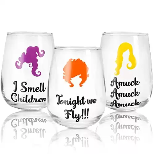 Whaline 3Pcs Halloween Stemless Wine Glasses 17oz Hocus Pocus Drinking Glasses Little Witch Clear Tumbler Cups for Halloween Party Event Decorations Hocus Pocus Themed Supplies