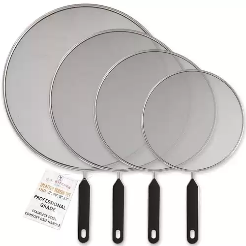 U.S. Kitchen Supply Set of 4 Classic Splatter Screens, 13", 11.5", 10", and 8" - Stainless Steel Fine Mesh, Comfort Grip Handles - Use on Boiling Pots Frying Pans - Grease Oil Guar...