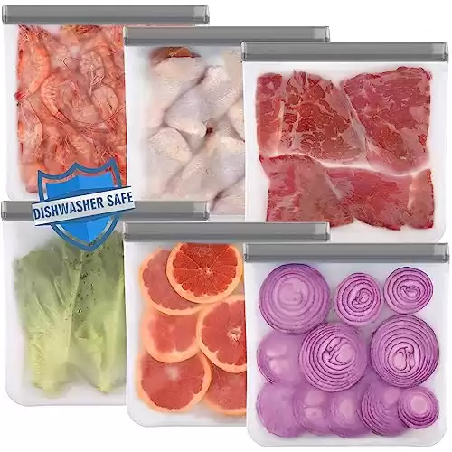 6 Pack Reusable Gallon Freezer Bags Dishwasher Safe, BPA Free Silicone, Leakproof Storage Bags for Marinate Meats, Cereal, Vegetables, Home Organization(Grey)