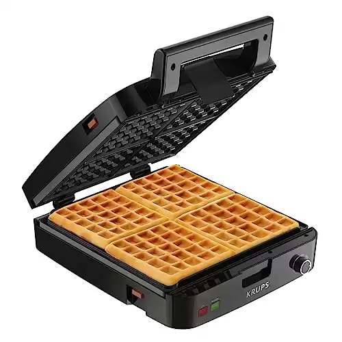 Krups Breakfast Set Stainless Steel Waffle Maker 4 Slices Audible "Ready" Beep, 1200 Watts Square, 5 Browning Levels, Removable Plates, Dishwasher Safe, Belgian Waffle Silver and Black