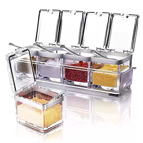 Acrylic Seasoning Box Set, 4 Piece Clear Premium Quality Storage Rack Spice Pots Condiment Jars for Salt Sugar Cruet Kitchen Organization Containers with Cover and Spoon
