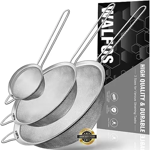Walfos Fine Mesh Strainers Set, Premium Stainless Steel Colanders and Sifters, with Reinforced Frame Sturdy Handle, Perfect for Sift, Strain, Drain Rinse Vegetables, Pastas Tea - 3 Sizes