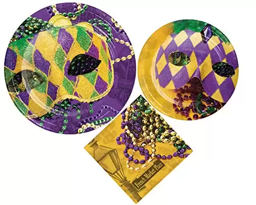 Mardi Gras Party Supply Pack for 8 Guests! Bundle Includes Disposable Paper Plates & Napkins in Masks of Mardi Gras Design