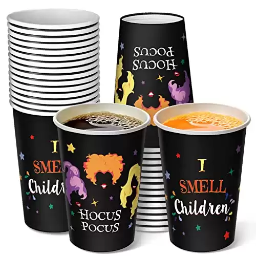 CIOEY 30 Pack Halloween Disposable Cups for Kids Adults, Hot/Cold Drinking Paper Cups, Hocus Pocus Halloween Party Supplies, I Smell Children Holiday Witches Halloween Party Cups 12 oz Black