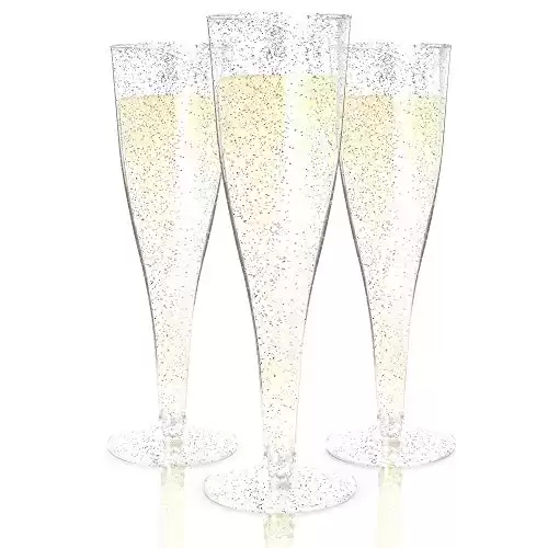 Prestee 24 Champagne Flutes Plastic | Disposable Champagne Flute | Silver Glitter Plastic Champagne Glasses for Parties | Mimosa Bar, Wedding, Shower Party, New Years Eve Party Supplies 2024 (Silver)