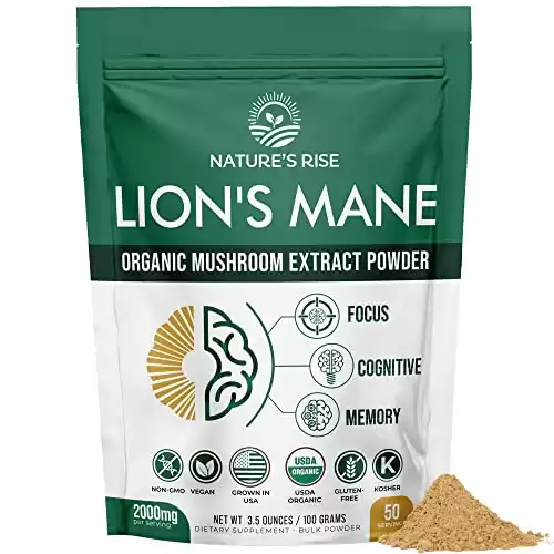 Lions Mane Mushroom Powder Organic Supplement - (USA Grown), Fruiting Body Extract, Nootropic Brain Supplement for Focus & Memory Support, Creativity, Brain Booster | 3.5 Ounces (50 Servings)