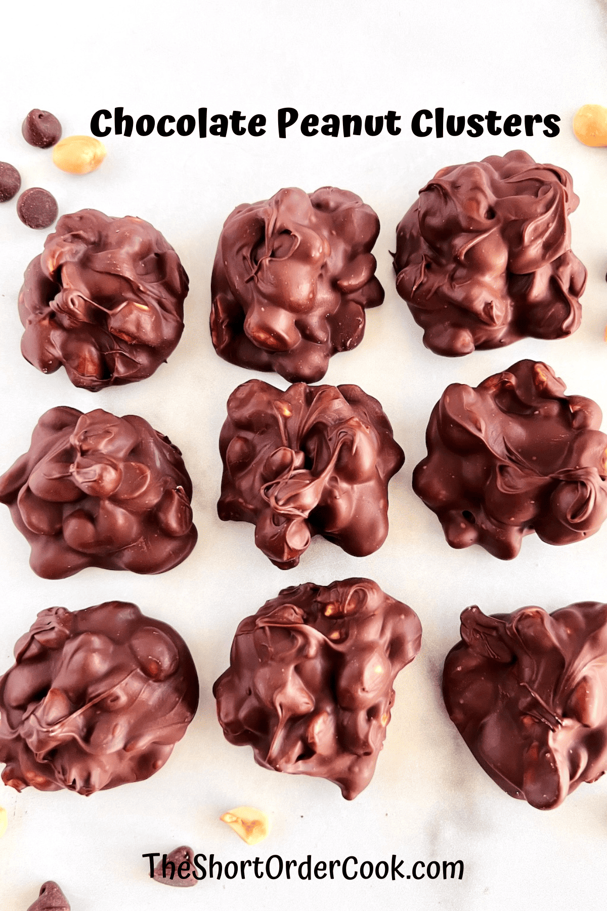 Clusters of chocolate-covered roasted peanuts.