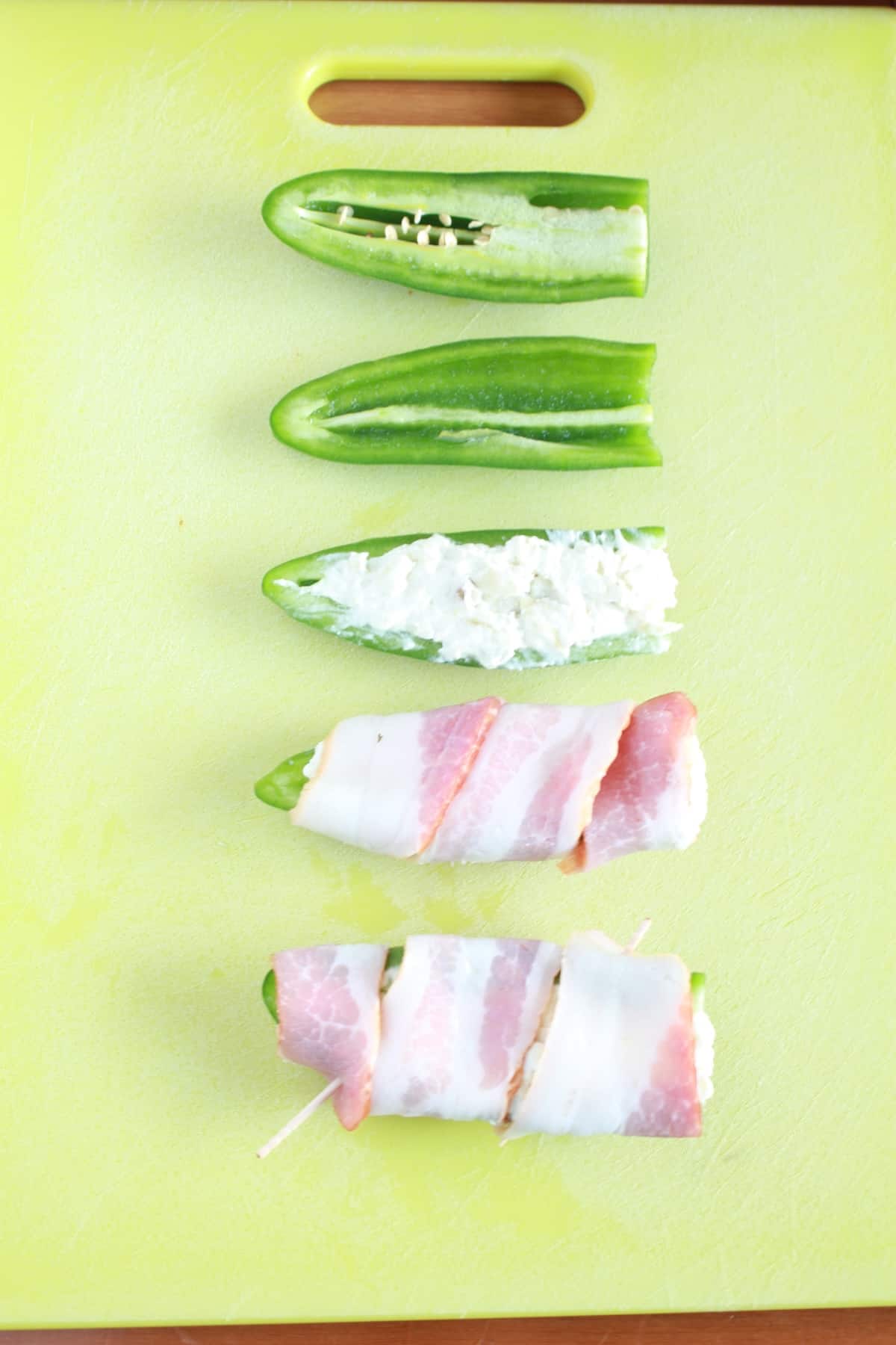 Grilled Jalapeño Poppers Stages of cutting filling and wrapping with bacon.