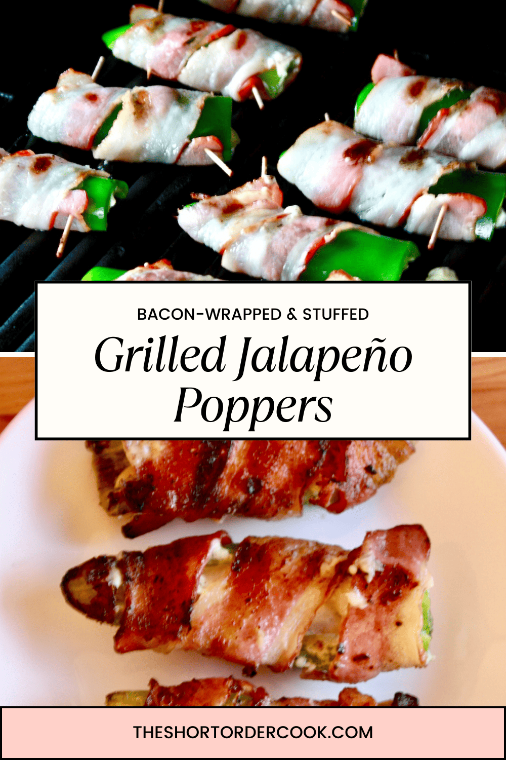 Raw bacon wrapped jalepeno peppers on the bbq grates and finished poppers on a plate.