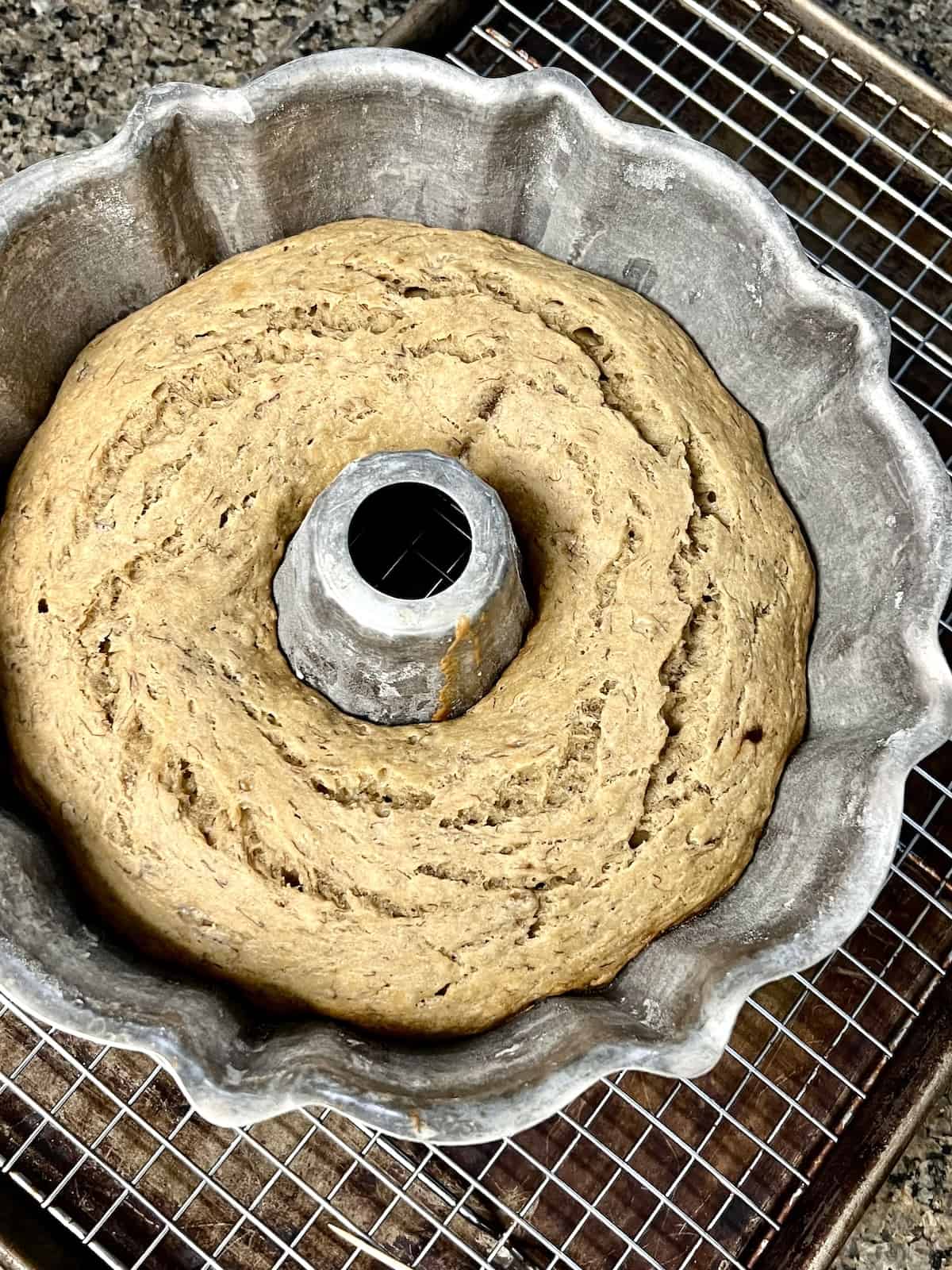 Banana Bread Bundt Cake Baked in the pan.