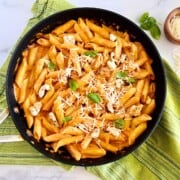 Penne alla Vodka with Chicken in a skillet.